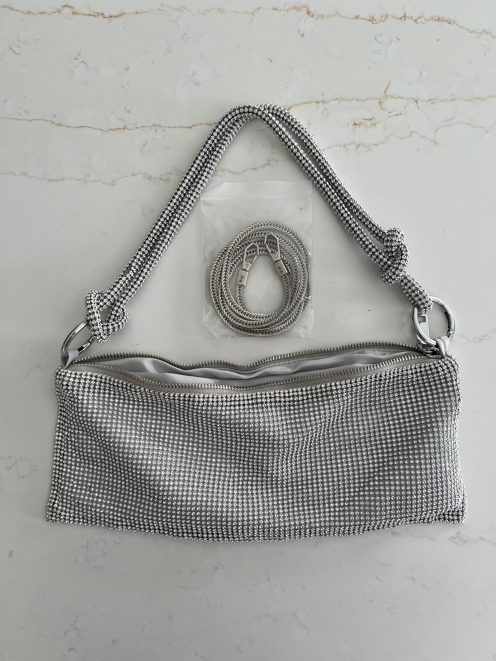 Rhinestone Silver Evening Clutch with Detachable Chain